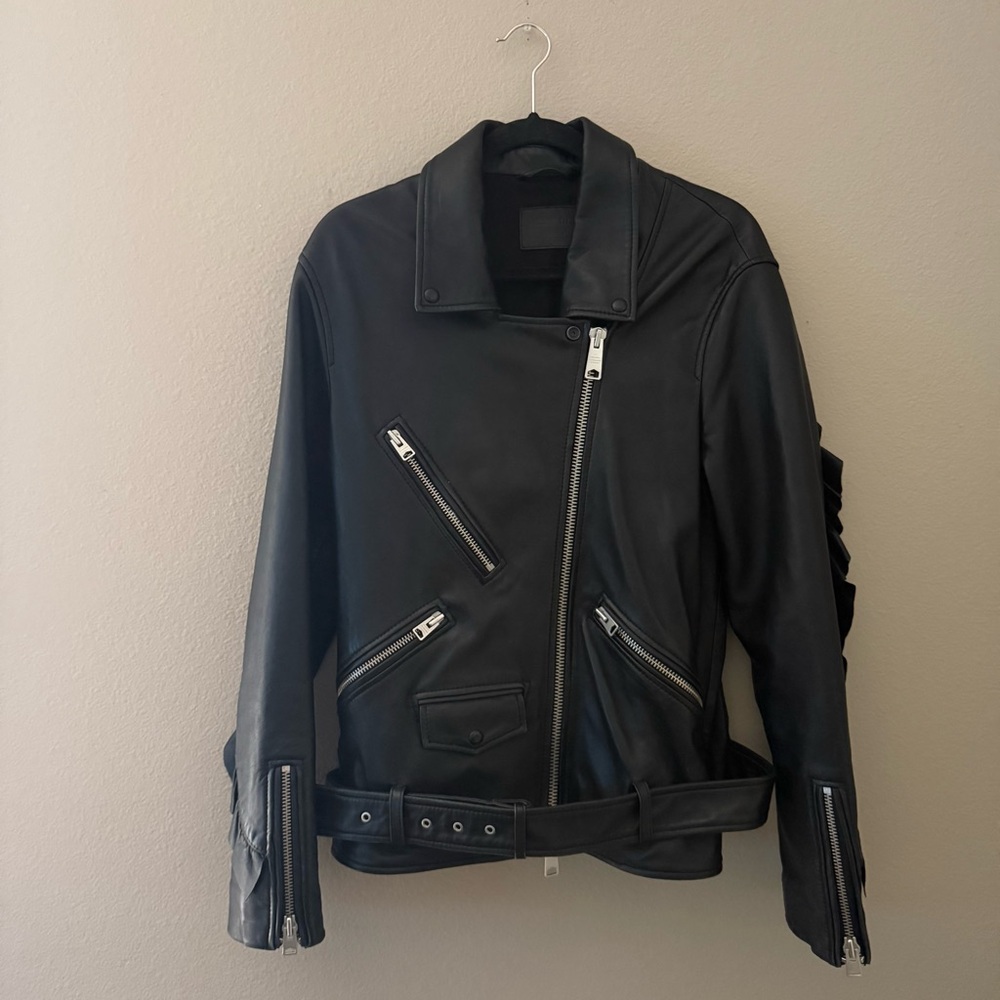 ALLSAINTS Black Leather Moto Jacket Ruffle Sleeve Detail Biker Belted Medium - Picture 3 of 7